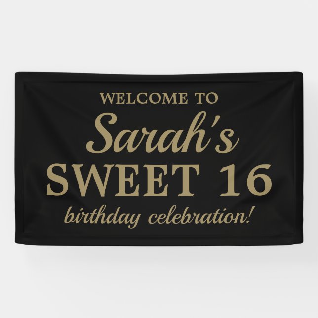 Black Gold Girl's Sweet 16 Birthday Welcome Banner (Horizontal)