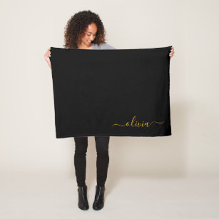 Black Gold Girly Monogram Name Modern Fleece Blanket