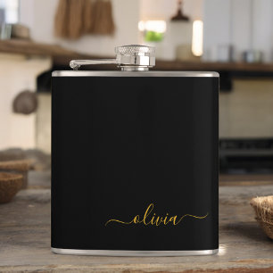 Black Gold Girly Script Monogram Name Modern Hip Flask