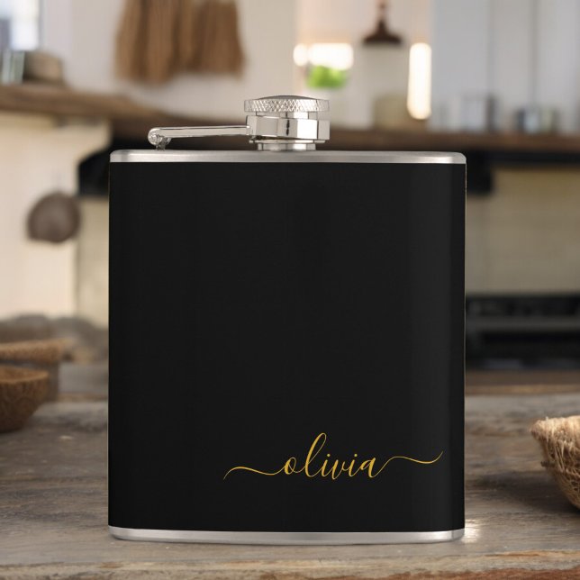 Black Gold Girly Script Monogram Name Modern Hip Flask (Creator Uploaded)