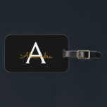 Black Gold Girly Script Monogram Name Modern Luggage Tag<br><div class="desc">Black and Gold Monogram Add your own Name Script Luggage Bag Tag The bag tag makes the perfect sweet 16 birthday,  wedding,  bridal shower,  baby shower or bachelorette party gift for someone decorating her room in style.</div>
