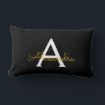 Black Gold Girly Script Monogram Name Modern Lumbar Cushion<br><div class="desc">Gold and Black Monogram Add Your Own Name Lumbar Pillow. This makes the perfect sweet 16 birthday,  wedding,  bridal shower,  anniversary,  baby shower or bachelorette party gift for someone that loves glam luxury and chic styles.</div>