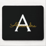 Black Gold Girly Script Monogram Name Modern Mouse Mat<br><div class="desc">Gold and Black Monogram Add Your Own Name Mousepad (Mouse Pad). This makes the perfect sweet 16 birthday,  wedding,  bridal shower,  anniversary,  baby shower or bachelorette party gift for someone that loves glam luxury and chic styles.</div>