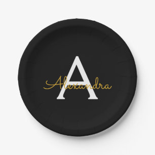 Black Gold Girly Script Monogram Name Modern Paper Plate