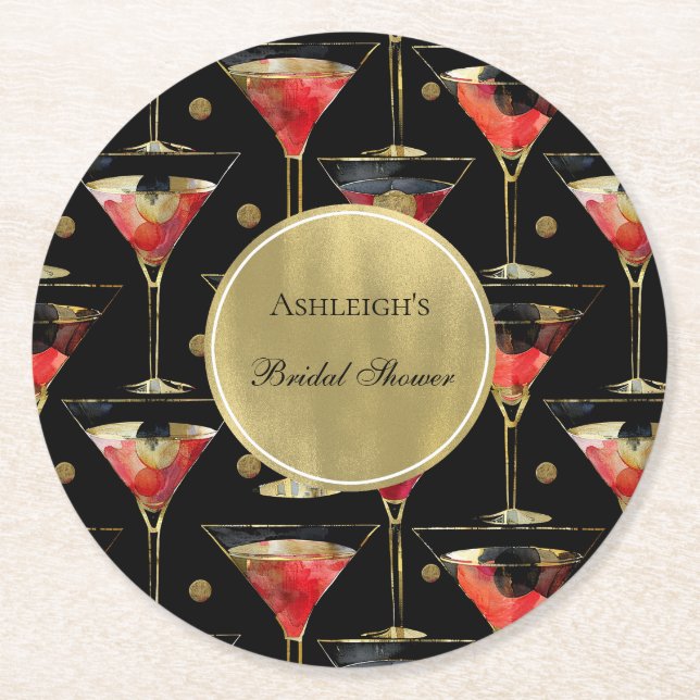 Black Gold Glam Drinks Bridal Shower Round Paper Coaster (Front)
