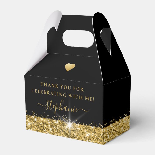 Black Gold Glam Heart Birthday Party Favour Box (Front Side)