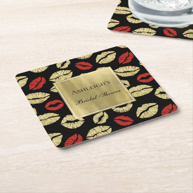 Black Gold Glam Lips Bridal Shower Square Paper Coaster (Angled)