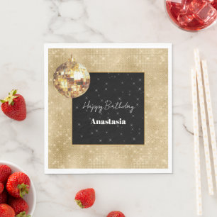 Black Gold Glam Sparkle Disco Ball Birthday Napkin
