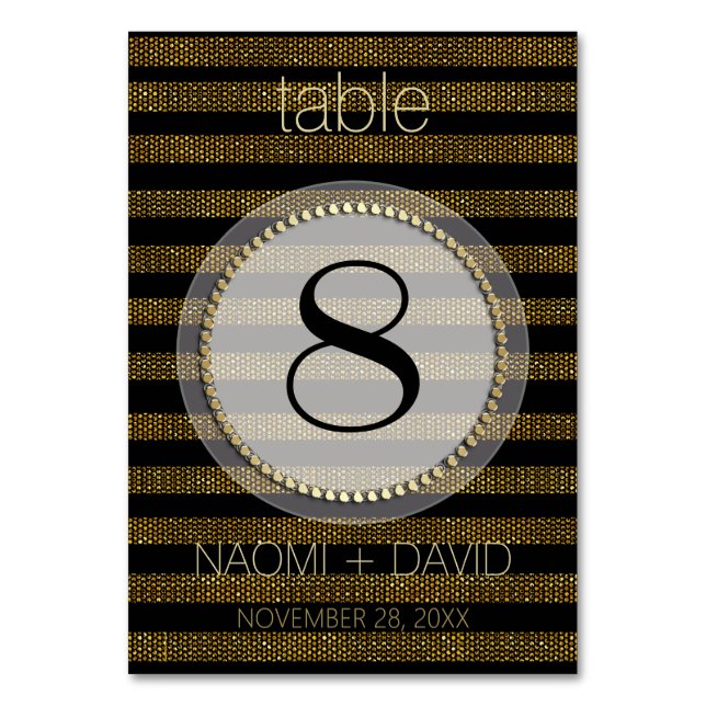 Black Gold Glam Stripes Wedding Table Number Card (Front)