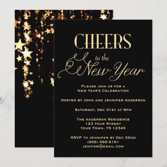 Black Gold Glamour New Year's Eve Party Invitation (Front/Back)