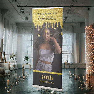 Black Gold Glamourous Birthday Party Photo Welcome Retractable Banner