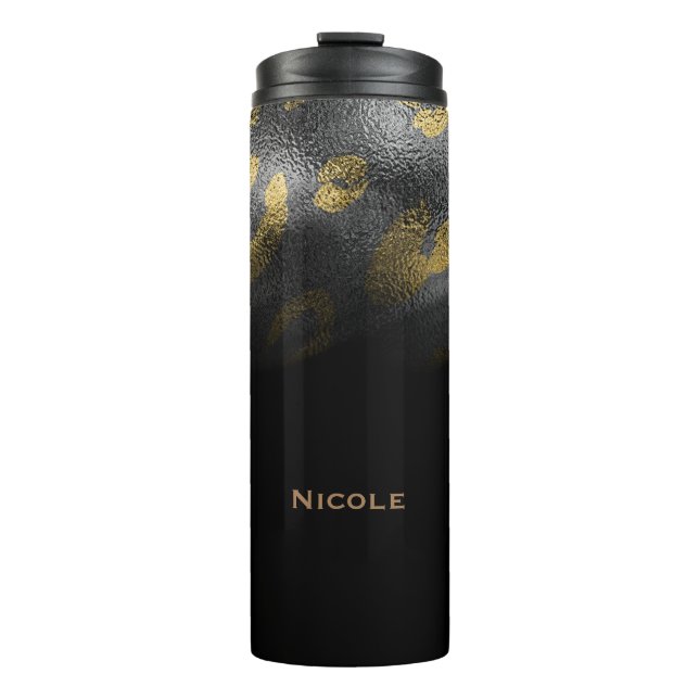 Black Gold Glamourous Cheetah Leopard Print Custom Thermal Tumbler (Front)