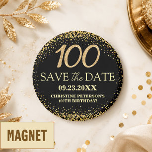Black Gold Glitter 100th Birthday Save the Date Magnet