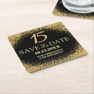 Black Gold Glitter 15th Birthday Save the Date Square Paper Coaster