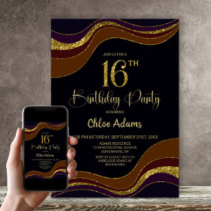 Black Gold Glitter 16th Birthday Party Invitation