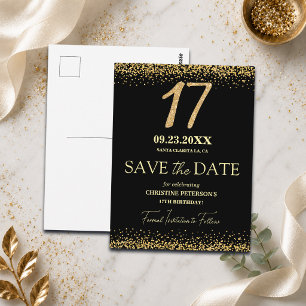 Black Gold Glitter 17th Birthday Save the Date Postcard
