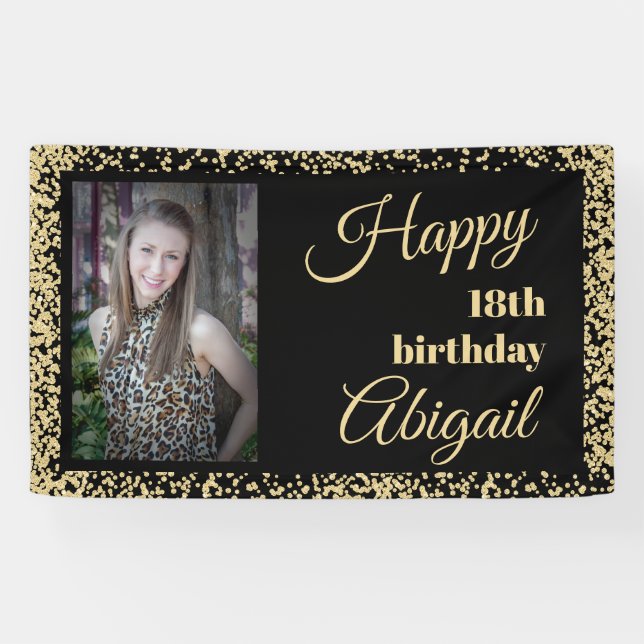 Black Gold Glitter 18th Birthday Party Photo Banner (Horizontal)