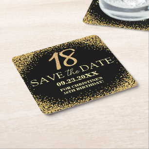 Black Gold Glitter 18th Birthday Save the Date Square Paper Coaster