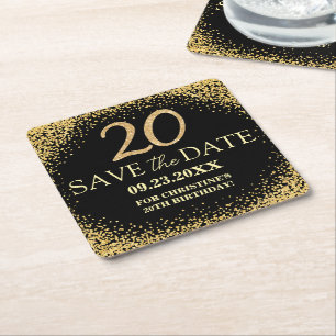 Black Gold Glitter 20th Birthday Save the Date Square Paper Coaster