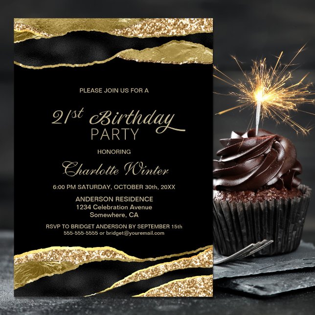 Black Gold Glitter 21st Birthday Party Invitation (Creator Uploaded)