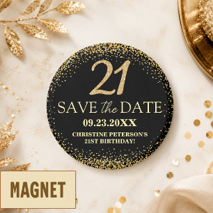 Black Gold Glitter 21st Birthday Save the Date Magnet