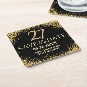 Black Gold Glitter 27th Birthday Save the Date Square Paper Coaster