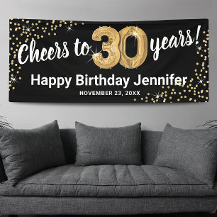 Black Gold Glitter 30th Birthday Banner