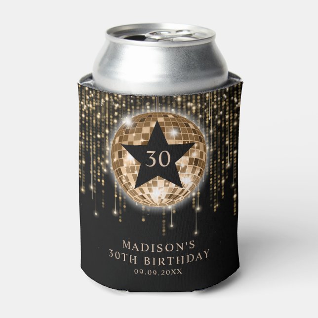 Black Gold Glitter 30th Birthday Celebrations Can Cooler (Can Front)