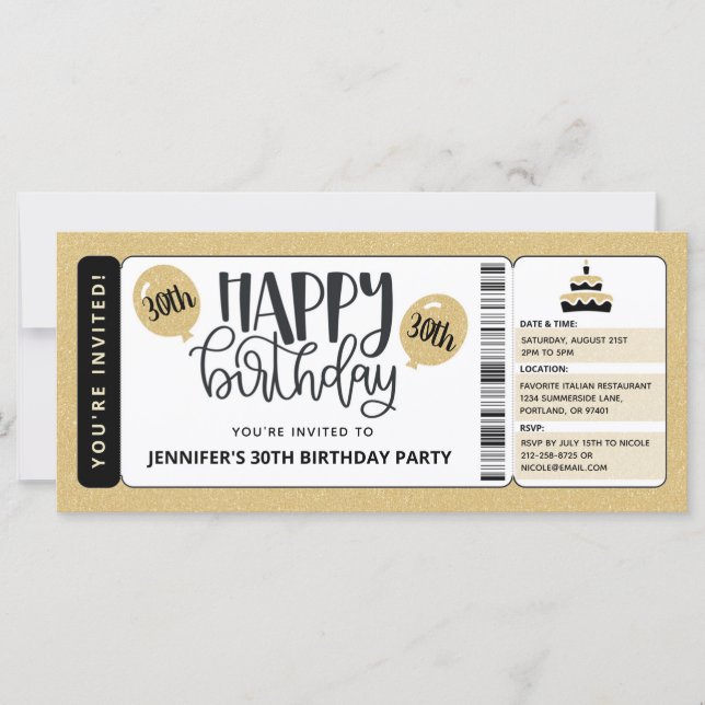 Black Gold Glitter 30th Birthday Invitation Ticket (Front)