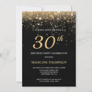 Black Gold Glitter 30th Birthday Personalised Age Invitation