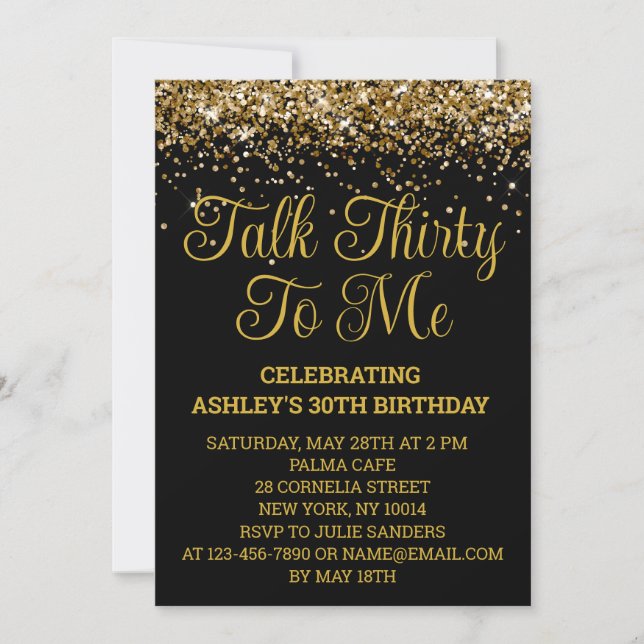 Black Gold Glitter 30th Birthday Talk Thirty To Me Invitation (Front)