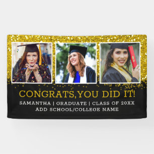 Black Gold Glitter 3 Photo Collage Congrats Grad Banner