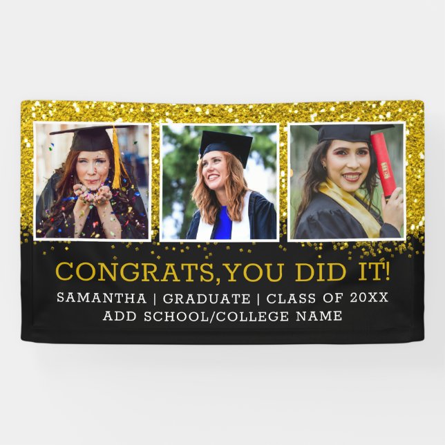 Black Gold Glitter 3 Photo Collage Congrats Grad Banner (Horizontal)