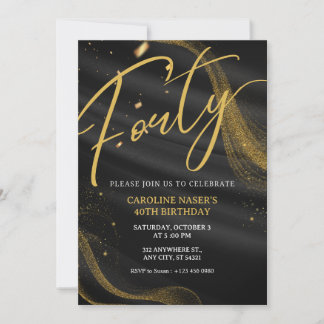 Black & Gold Glitter 40th Birthday Invitation  