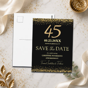 Black Gold Glitter 45th Birthday Save the Date Postcard