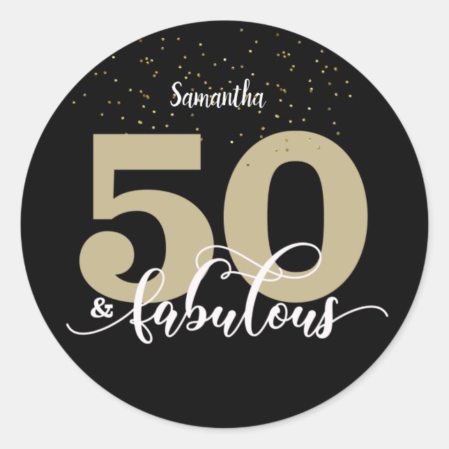 Black Gold Glitter 50 and Fabulous Birthday   Classic Round Sticker (Front)