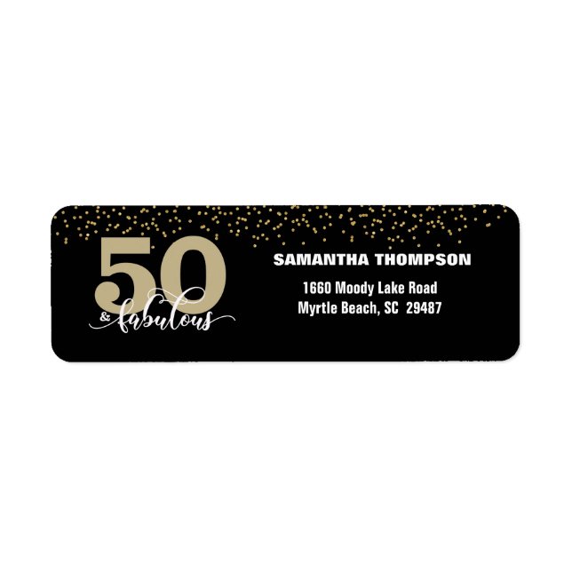 Black Gold Glitter 50 & Fabulous Return Address   (Front)