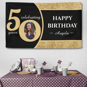 Black & Gold Glitter 50 Fifty Years 50th Birthday Banner