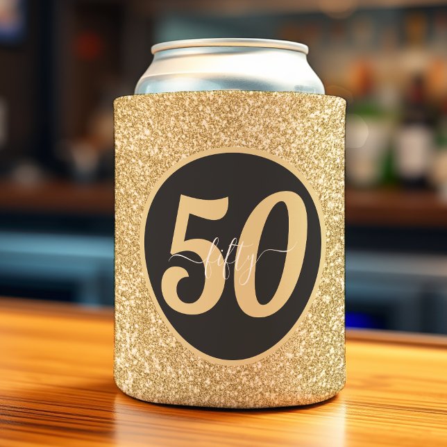 Black & Gold Glitter 50 Fifty Years 50th Birthday Can Cooler (Creator Uploaded)