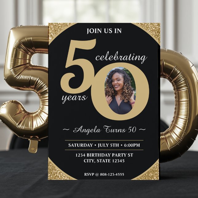Black & Gold Glitter 50 Fifty Years 50th Birthday Invitation (Creator Uploaded)