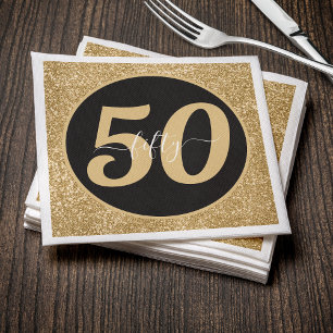 Black & Gold Glitter 50 Fifty Years 50th Birthday Napkin