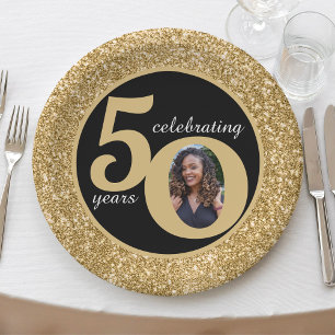 Black & Gold Glitter 50 Fifty Years 50th Birthday Paper Plate