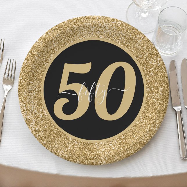 Black & Gold Glitter 50 Fifty Years 50th Birthday Paper Plate (Black & Gold Glitter 50 Fifty Years 50th Birthday Paper Plates)