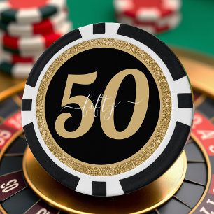 Black & Gold Glitter 50 Fifty Years 50th Birthday Poker Chips