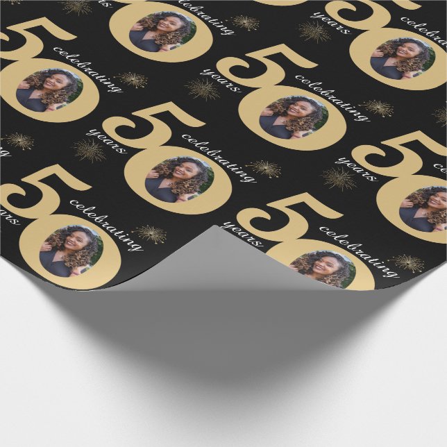 Black & Gold Glitter 50 Fifty Years 50th Birthday Wrapping Paper (Corner)