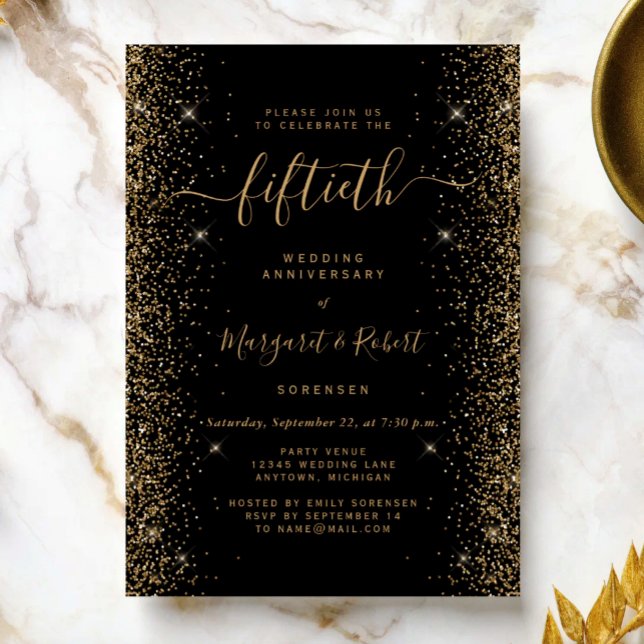 Black Gold Glitter 50th Anniversary Party Invitation (Creator Uploaded)