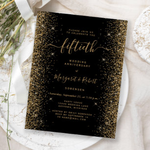 Black Gold Glitter 50th Anniversary Party Postcard