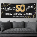 Black Gold Glitter 50th Birthday Banner<br><div class="desc">Elegant fiftieth birthday party banner featuring a stylish black background that can be changed to any colour,  gold sparkly glitter,  fifty gold hellium balloons,  and a modern 50th birthday celebration text template that is easy to personalise.</div>