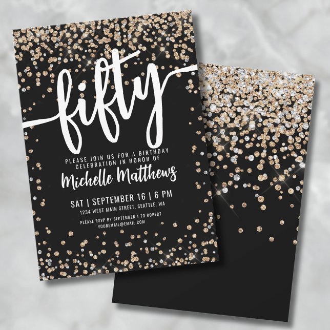 Black Gold Glitter 50th Birthday Invitation (Black Gold Glitter 50th Birthday Invitation)