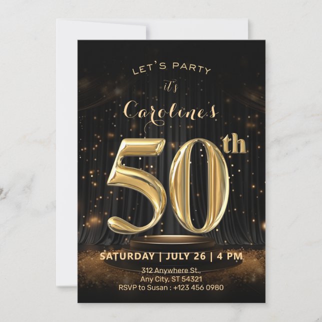 Black & Gold Glitter 50th Birthday Invitation   (Front)
